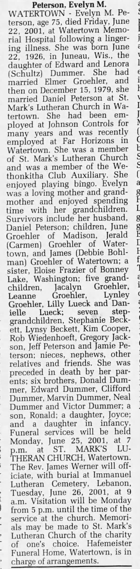 obituary of Evelyn Dummer